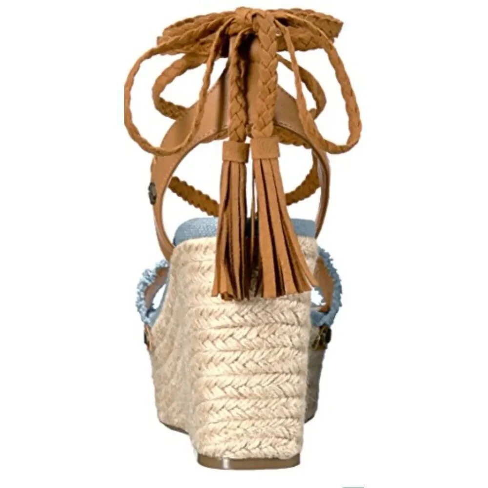 Tommy Hilfiger Women Blue Tan Studded Espadrille Tie-Up Wedge 8M